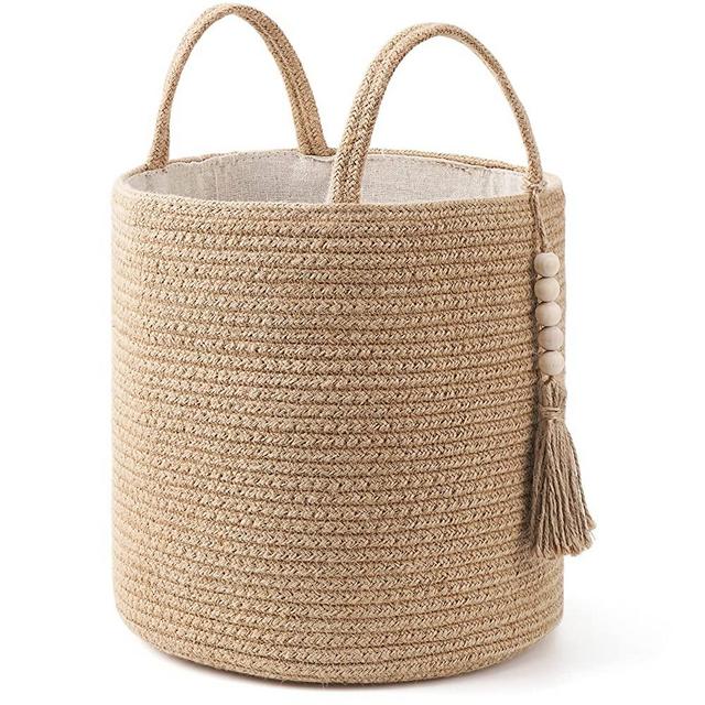 Mkono Woven Storage Basket Decorative Natural Rope Basket Wooden Bead Decoration for Blankets,Toys,Clothes,Shoes,Plant Organizer Bin with Handles Living Room Home Decor, Jute, 11" W x 11"L