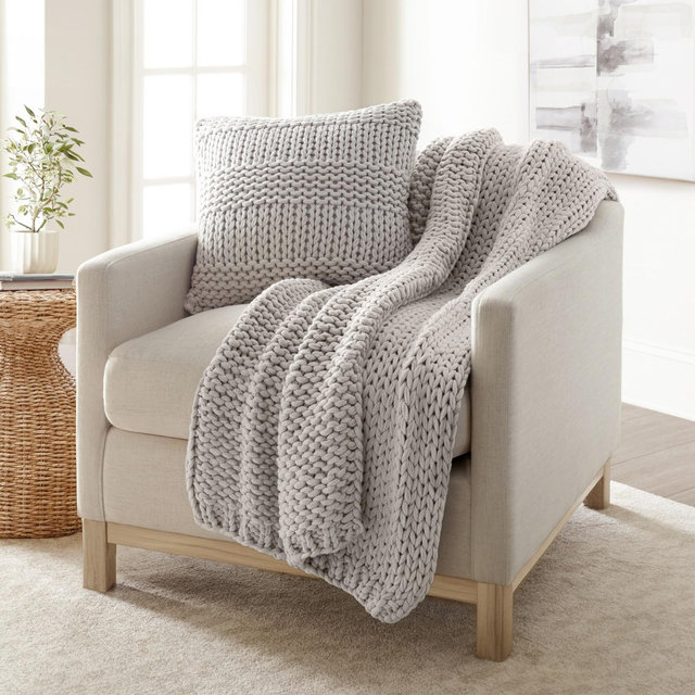 Chunky Knit Throw Blanket and Decor Pillow Bundle - Becky Cameron, Light Gray, Throw
