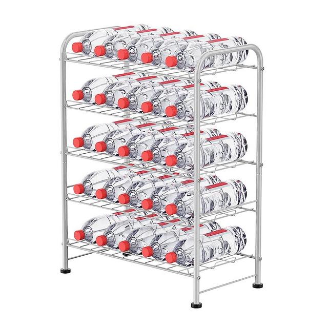 5 Tier Water Bottle Organizer Small Water Bottle Holder Stand Freestanding Metal Bottled Water Rack Dispenser for Kitchen, Pantry Organization and Storage, Silver