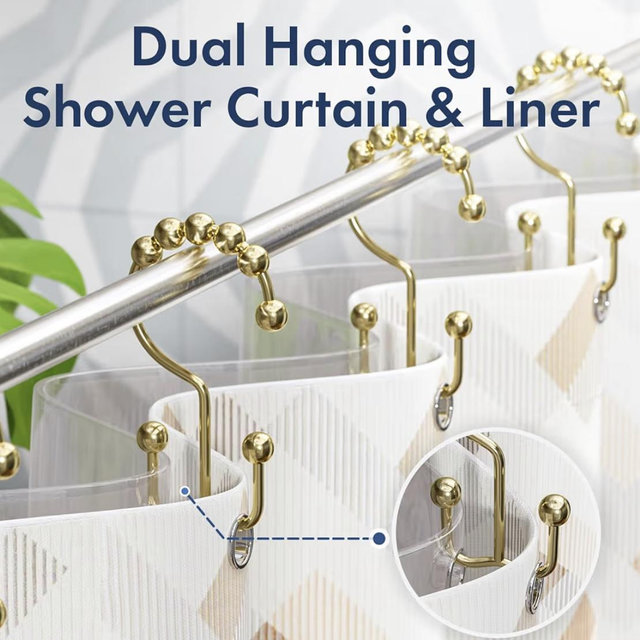 Bathway Shower Curtain Hooks Gold Shower Curtain Rings, 12 Pcs Double Hook Shower Curtain Hooks Rings Rust Shower Curtain Hangers Proof, Metal Shower Hooks for Bathroom Shower Curtain Rod