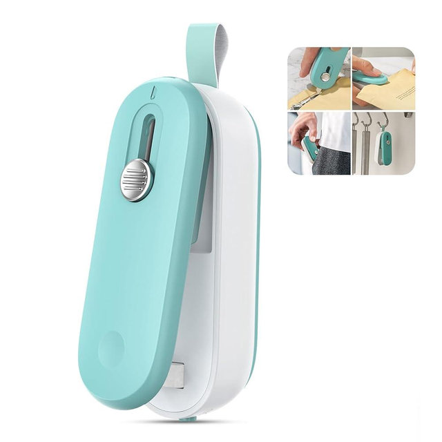 ODSD Bag Sealer, 2 in 1 Mini Bag Sealer Heat Seal and Cutter with Lanyard, Portable Handheld Chip Bag Sealer Heat Sealer for Snacks Candies Plastic Bag Food Storage (Batteries Included)