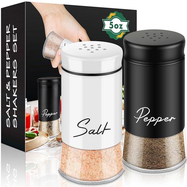 Salt and Pepper Shakers Set,5 oz Clear Glass Bottom Salt Shaker with Stainless Steel Lid for Kitchen Gadgets Cooking Table Housewarming Gift Christmas Decor Refillable Design (Black + White)