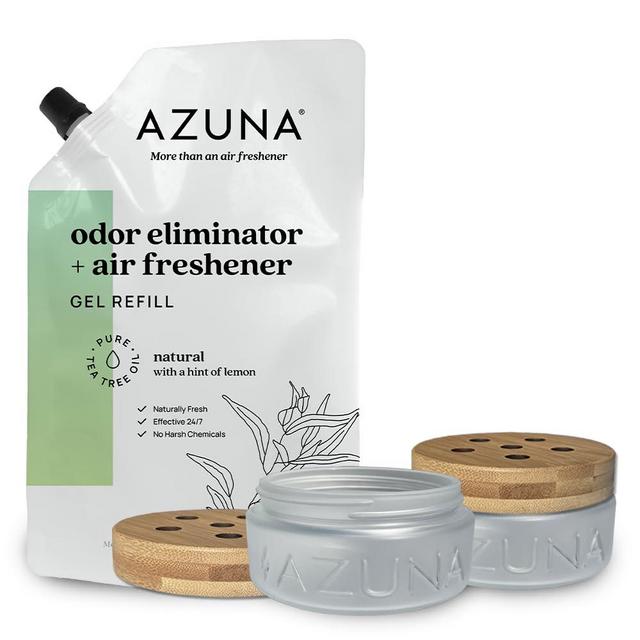 Azuna Air Freshener & Odor Eliminator Gel 2 Room Kit, Includes (2) 8 oz. Unfilled Luxe Glass Jars & 12 oz. Refill with Tea Tree Essential Oil, Natural Scent, Works 24/7 for 60-90 Days