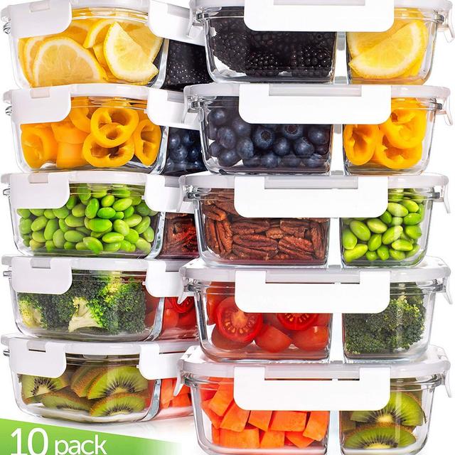 Prep Naturals Glass Meal Prep Containers Glass Food Storage Containers with Lids - 2 Compartment Glass Lunch Containers (10 Pack) Glass Storage Containers with Lids Glass Containers for Food Storage