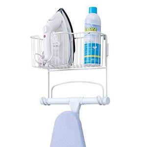 MetroDecor - mDesign Wall Mounted Metal Wire Ironing Board Holder with Large Storage Basket - Holds Iron, Board, Spray Bottles, Starch, Fabric Refresher for Laundry Rooms - Durable Steel, White