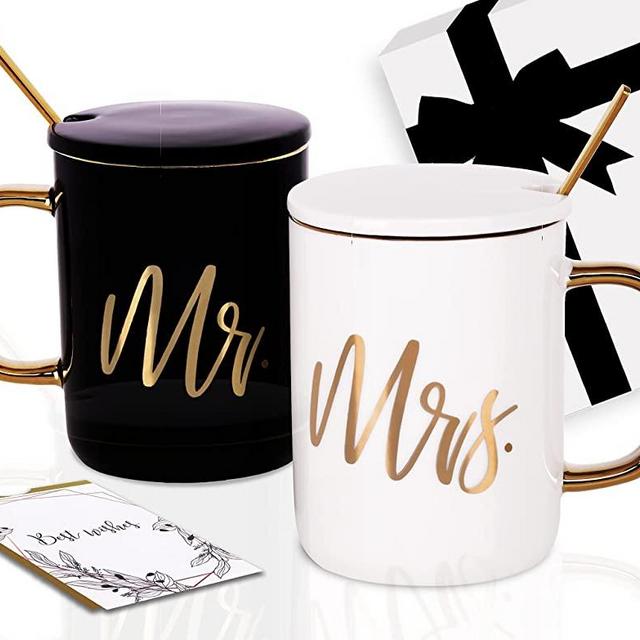 Triple Gifffted Mr and Mrs Coffee Mugs Gifts Set with Lids and Teaspoons for Wedding Anniversary, Married Couples, Engagement Gift, Bride, Women, Bridal Shower, Christmas, Luxurious Basket Packaging