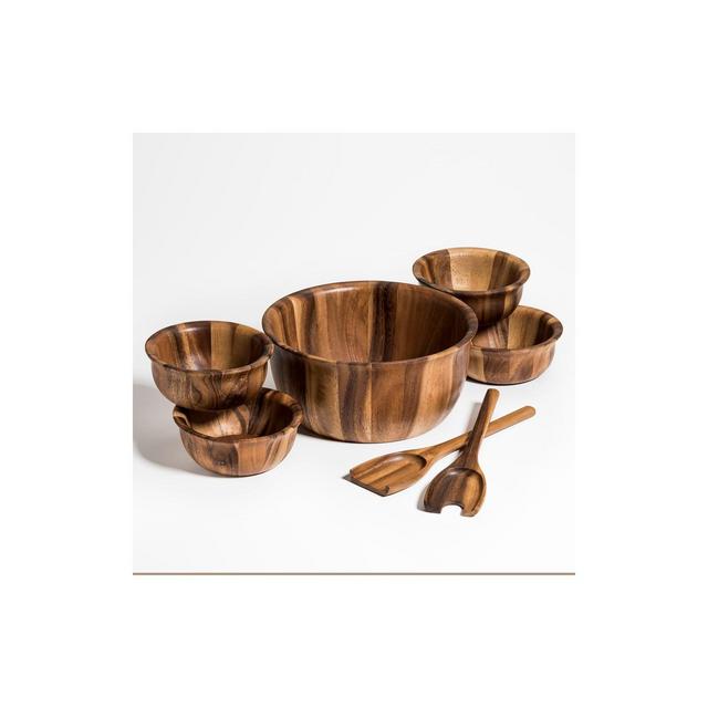 Kalmar Home Solid Acacia Wood Large Salad Bowl with Servers and 4 Individuals