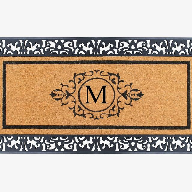 A1 Home Collections Natural Coir Monogrammed Door Mat for Front Door, 30x60, Heavy Duty Welcome Doormat, Anti-Shed Treated Doormat Outdoor Entrance, Low Profile, Long Lasting Porch Entry Rug (M)
