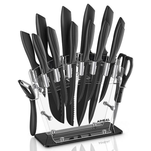 Aiheal Knife Set, 16 Pieces High Carbon Stainless Steel Black Non Stick Coated Kitchen Knife Set, No Rust and Super Sharp Cutlery Knife Set with Acrylic Stand and Kitchen Scissors, Gift