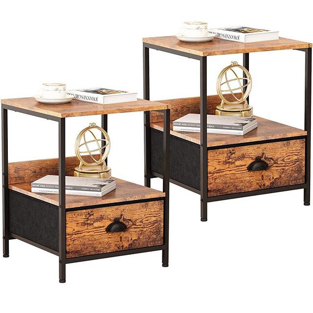 Furologee Set of 2 Nightstand with Drawer, End Table with Storage Shelf, Industrial Side Sofa Table, Bedside Accent Furniture Metal Frame Easy Assembly for Living Room/Bedroom/Halway, Rustic Brown