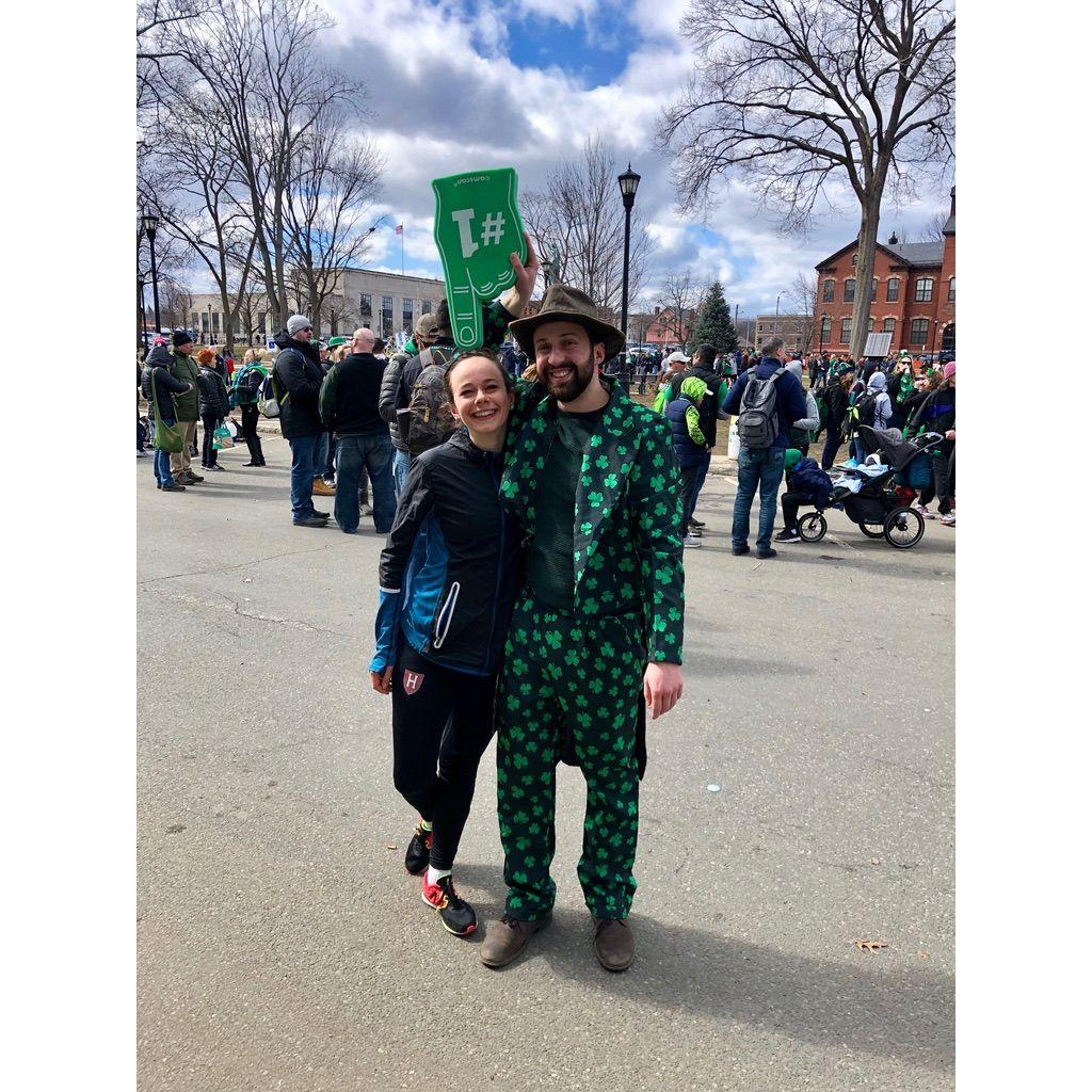 Leeor and Elianna's first photo together! Elianna was racing the St. Patrick's Day Holyoke 10k, and Leeor came out of the crowd cheering and dressed like a leprechaun.