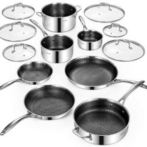 Deluxe 13 Piece Hybrid Ceramic Nonstick Stainless Steel Cookware Set-5 Piece Frying Pan Set, 6 PC Pot Set, 3.7QT Deep Sauté Pan&Lid, Induction Ready, Stay Cool, PFOA Free Compatible with All Cooktops