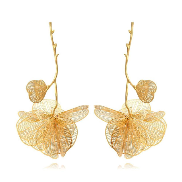 CETVLY Large Long Gold Plated Flower Tassel Drop Dangle Earrings for Women Unisex Exaggerated Statement Floral Metal Boho Earrings Trendy Fashion Plant Earrings Chic Jewelry