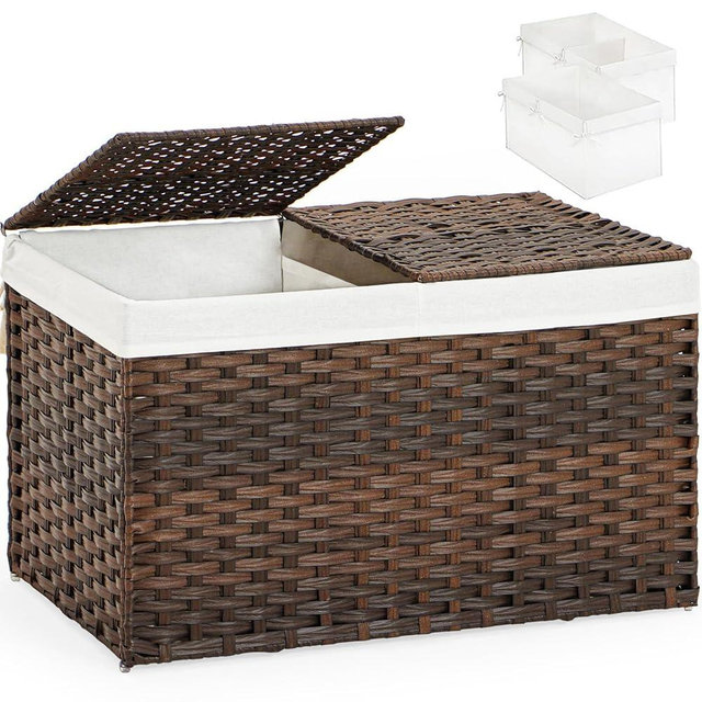 SETVSON Storage Basket with Lid Rattan Storage Basket with 2 Separate Lid, 27.8 Gallon (105 L) Wicker Baskets for Storage with 2 Liners and Handles Wicker Storage Baskets for Bedroom Laundry-Brown