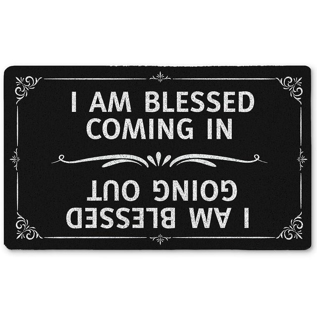 Qnhij Funny Welcome Mats for Front Door, I Am Blessed Coming in and Going Out Door Mat, Humorous Doormat for Porch Outside Inside Outdoor Indoor Entrance, Funny Bath Rug, 17x30 Inches