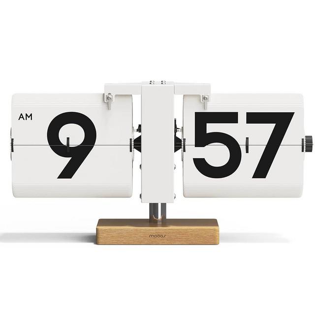 mooas Classic Modern Wood Big Flip Desk Clock (White), Retro Vintage Analog Design Auto Flip Clock Table Clock Large Number Battery Powered, Ideal for Home Office School Hotel Café