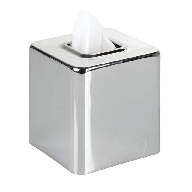 mDesign Modern Square Metal Paper Facial Tissue Box Cover Holder for Bathroom Vanity Countertops, Bedroom Dressers, Night Stands, Desks and Tables - Chrome