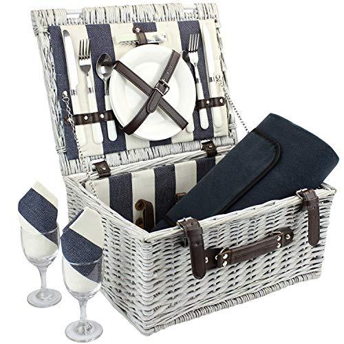 Home Innovation Picnic Basket for 2 with Waterproof Blanket, Durable Wicker Picnic Hamper Set, Willow Picnic Basket Accessories Plates and Utensils, Perfect Wedding, Anniversary or Birthday Gift