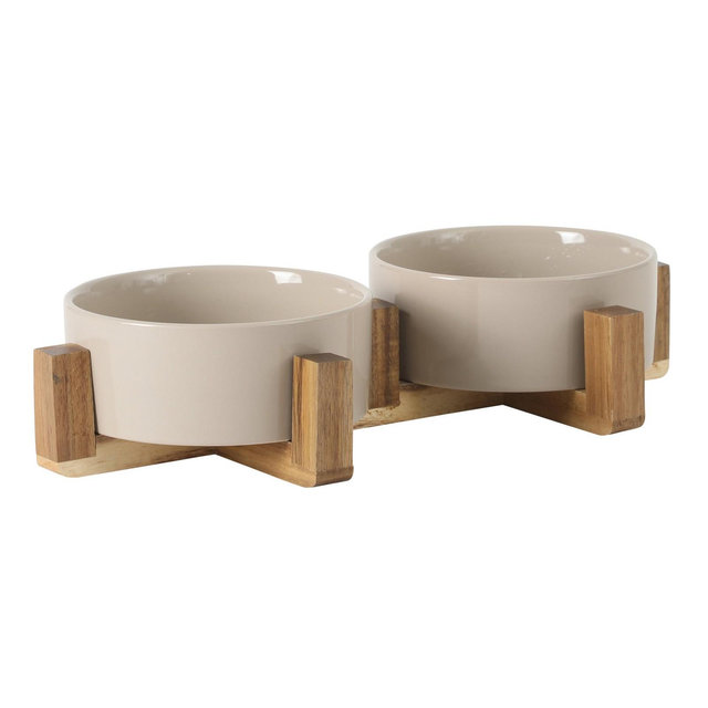Gibson Home Zoomie Bites 5.5inCeramic Dog and Cat Bowl with Acacia Wood Stand Non-Slip Matte Glaze