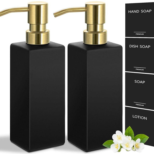 GMISUN Gold Soap Dispenser, Black Soap Dispenser Bathroom with Gold Stainless Steel Pump, 2 Pack Hand and Dish Soap Dispenser Set for Kitchen, 12 oz Glass Liquid Refillable Lotion Dispenser Bottle