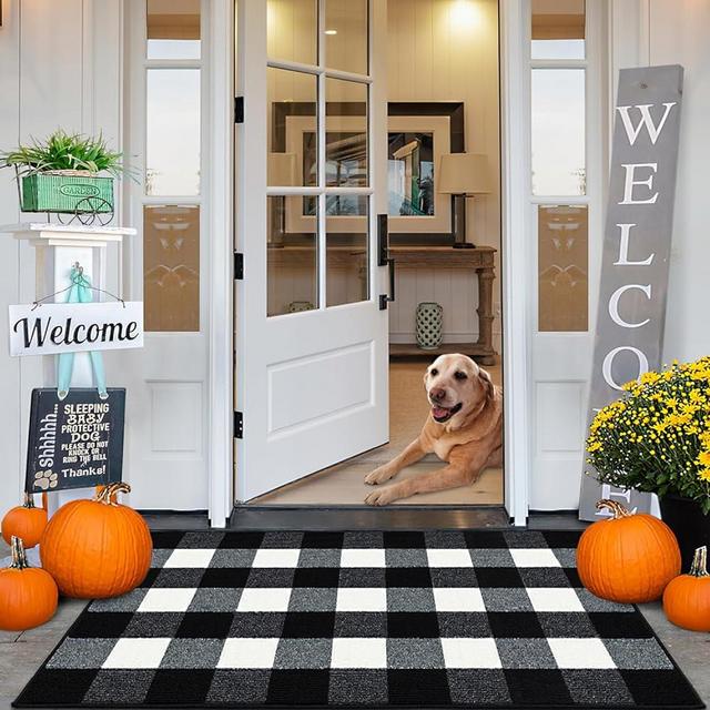 FONEYI Buffalo Plaid Outdoor Rug, 27.5"x43" Checkered Front Door Mat, Non Slip Absorbent Entryway Rug Doormat Indoor, Washable Outdoor Rugs for Layered Door Mats Front Porch/Farmhouse Black and White