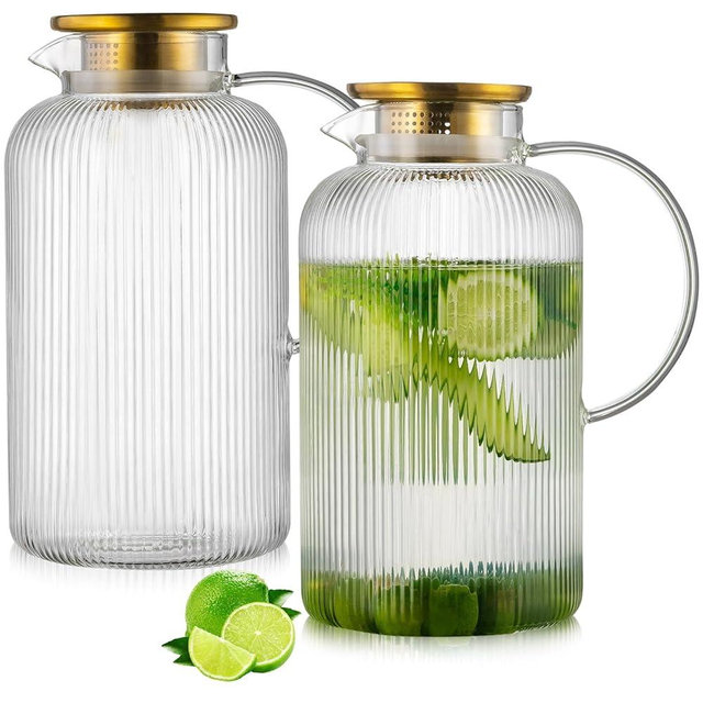 Buaic Glass Pitcher with Lid, 100 oz/ 3 Liter Classic Vertical Stripes Water Pitcher,Glass Water Carafe for Cold Brew, Coffee, Lemonade, Iced Sun Tea,Beverage, Milk, Heat Resistant