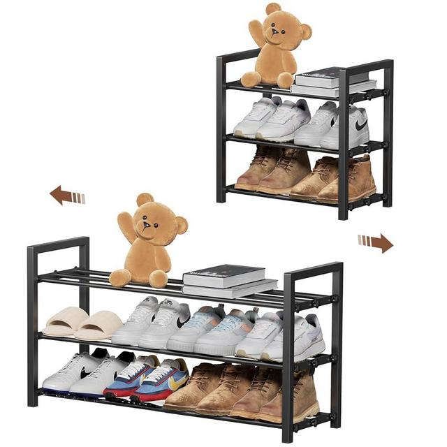 HDDTTZ 3-Tier Expandable Shoe Rack, Adjustable Shoe Shelf Storage Organizer Heavy Duty Metal Free Standing Shoe Rack for Entryway Closet Doorway (Black)
