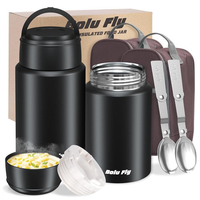Bolu Fly 2 Pack Soup Thermo for Hot & Cold Food for Adults, Insulated Food Jar, Stainless Steel Vacuum Thermal Lunch Box Containers with Carry Bag and Spoon (18.5oz, 27oz) (Black)