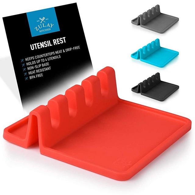 Silicone Utensil Rest with Drip Pad for Multiple Utensils, Heat-Resistant, BPA-Free Spoon Rest & Spoon Holder for Stove Top, Kitchen Utensil Holder for Spoons, Ladles, Tongs & More - by Zulay (Red)