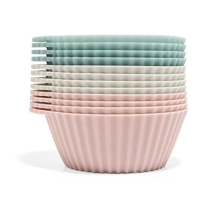 The Silicone Kitchen Reusable Silicone Baking Cups Silicone Muffin Liners for Cupcakes - BPA Free (12 Pack, Regular, Pink Gray Blue))