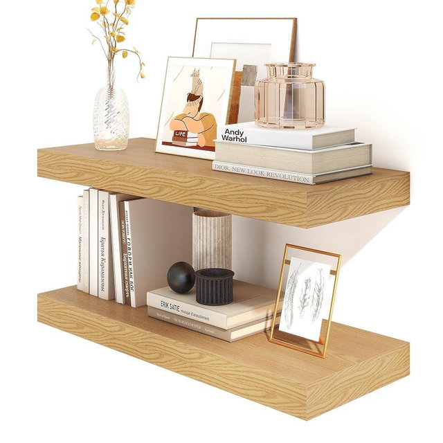 FLYJOE 12 Inch Deep Floating Shelves | 30W x 12D Rustic Floating Shelves for Wall Set of 2 | Oak Floating Shelves for Living Room Bathroom Laundry Room Bedroom Kitchen Home Office - Oak