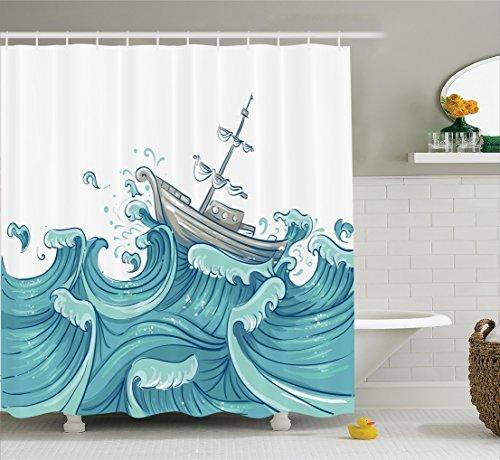 Nautical Decor Shower Curtain Set By Ambesonne Illustration Of A Ship Being