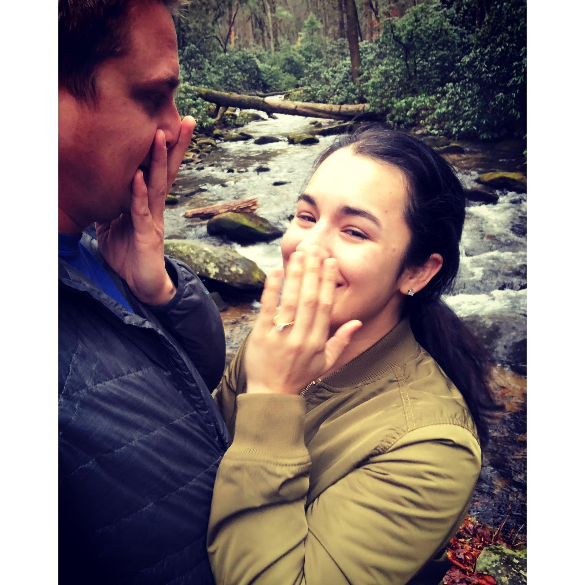 This was right after Lance proposed, on top of a giant river rock we had climbed on the way to find a hiking trail.