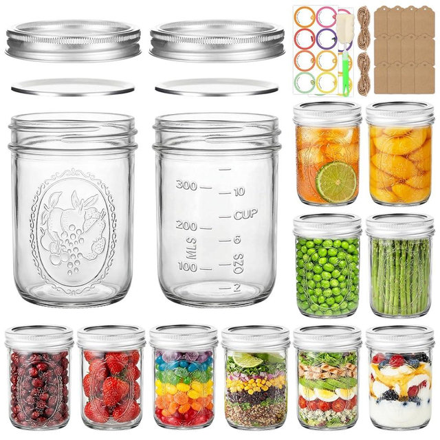 Wide Mouth Mason Jars 16 oz 12 Pack with Airtight Lids | Glass Canning Jars with Measurement Marks | Pint Jars for Pickling, Fermenting, Preserving, Freezing | Meal Prep, Overnight Oats & Jam