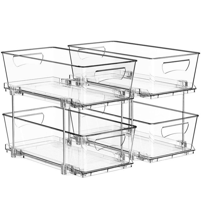 Simple Houseware 2 Tier Basket Drawer Cabinet Pull-Out Organizer, 2 Pack, Clear