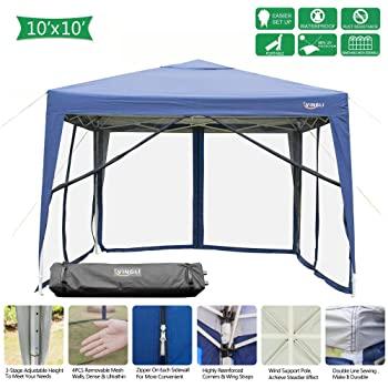 VINGLI 10x10ft Easy Pop Up Canopy Tent w/ 4 Removable Zippered Mesh Sidewalls & Portable Wheeled Carrying Bag, for Patio/Gazebo/Camping/Outdoor Activities, UV Coated Sun Shade Shelter, Blue