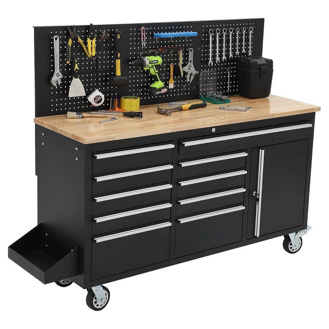 IDEALHOUSE 61-inch Rolling Tool Chest, 10 Drawers Garage Workbench Storage Tool Cabinet with Power Strip, Solid Rubber Wood Top, 1675 LBS Load Mobile Workstation, Heavy Duty Rolling Cabinet, Black