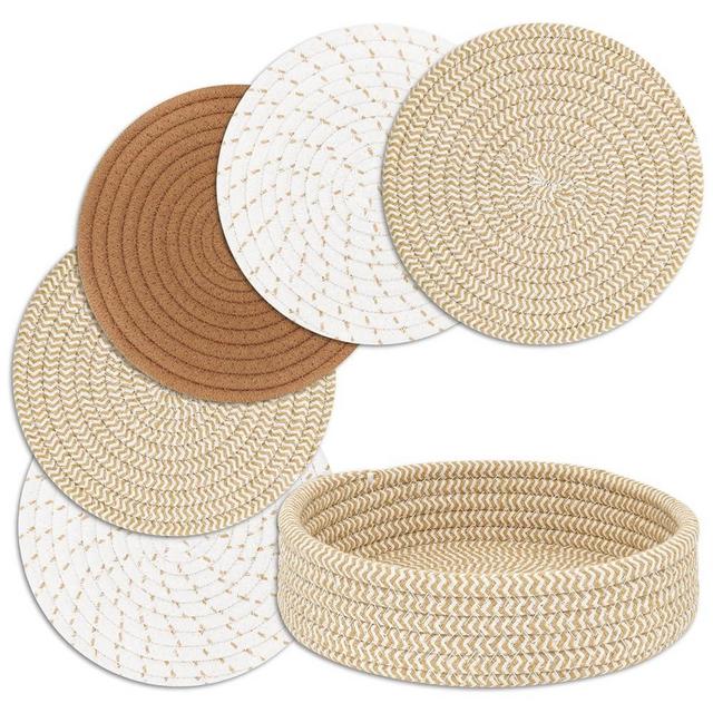 Trivets for Hot Dishes, Trivets for Hot Pots and Pans, Heat Resistant Hot Pads with Storage Basket, Pot Holders for Kitchen, Home Essentials, Farmhouse Decor (Mix Brown 5 PCS)