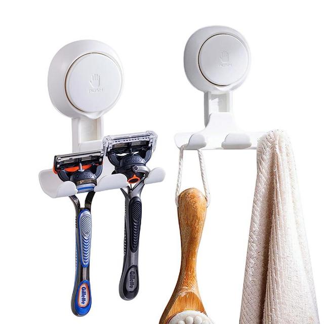 TAILI Shower Razor Holder Suction Cup 2 Pack, Vacuum Suction Razor Hanger for Shower Wall, Suction Door Hooks for Towel Loofah Sponge, Shower Razor Hooks for Bathroom Removable Waterproof, White