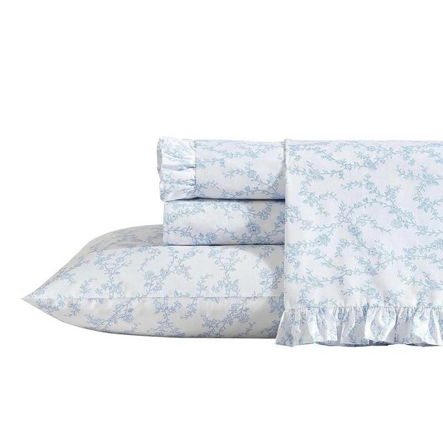 Laura Ashley - Queen Sheet Set, Breathable Percale Cotton Bedding, 200 Thread Count, Floral Home Decor (Victoria Blue, Queen)