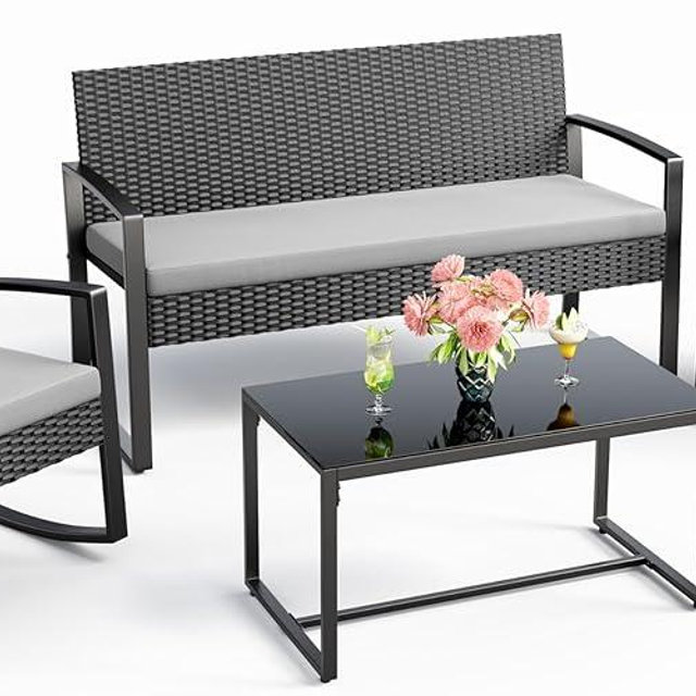 Ahomly 4 Piece Outdoor Patio Furniture Set, Wicker Patio Furniture with Glass Coffee Table, Rocking Wicker Bistro Set, for Backyard, Poolside, Porch (Grey)