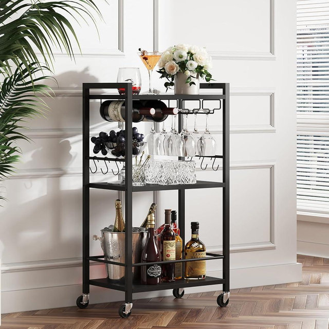 TUTOTAK Bar Cart, Home Bar Serving Cart, Small Wine Cart with 3-Tier Shelf, Beverage cart, Drink Cart with Wine Rack, Glass Holder, Rolling bar carts for The Home, Living Room, Brown V1BC01BK035