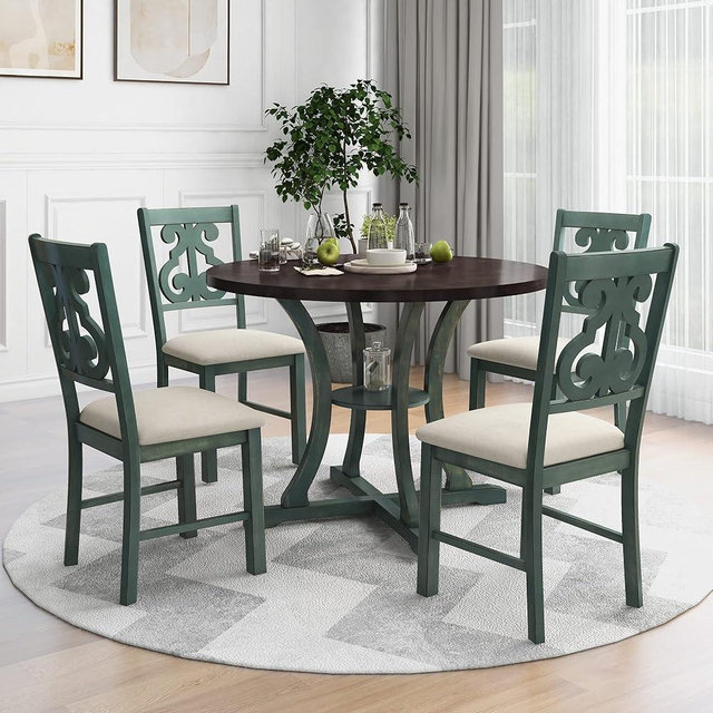 Harper & Bright Designs 5-Piece Round Dining Table and Chair Set, Round Dining Table with Shelf, Wood Dining Table Set for Family Dining Area
