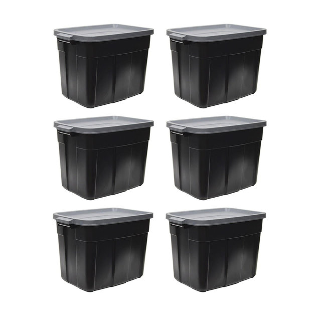 Rubbermaid Roughneck Tote 18 Gallon Stackable Storage Container Organizer Bin with Snap Stay Tight Lid and Easy Carry Handles, Black