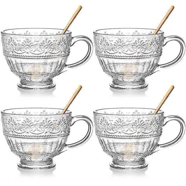 AVLA 4 Pack Glass Coffee Mugs, 16 OZ Clear Tea Cups with Handle and Spoons, Crystal Drinking Glassware for Latte, Cappuccino, Americano, Juice, Hot Beverage, Water, Dishwasher & Microwave Safe