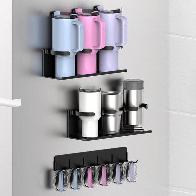 EASTTOWEST Magnetic Cup Holder for Fridge 6 Slots Universal Water Bottle Organizer Rack with Hooks for Stanley Owala Yeti Tumbler up to 40oz(2x3-CUPS Black)