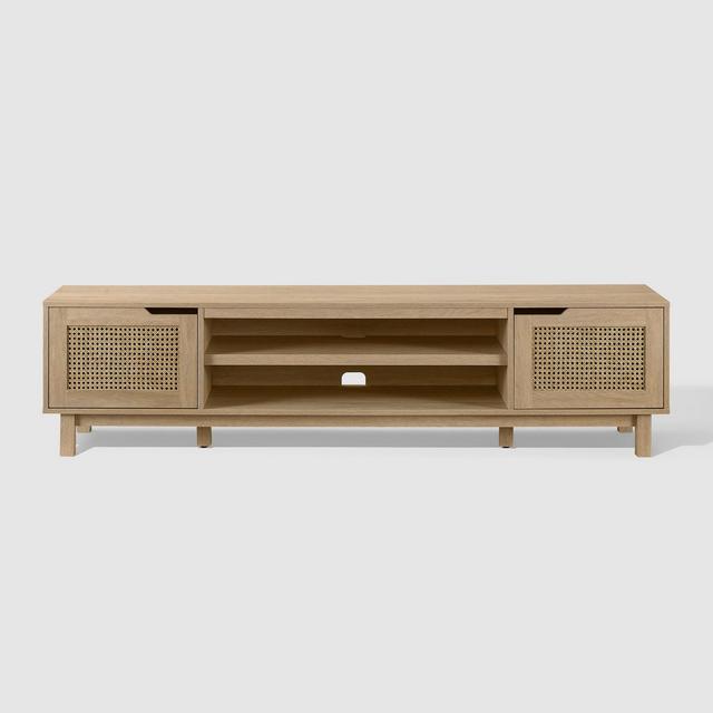 Modern Boho Storage TV Stand for TVs up to 80" with Rattan Doors Coastal Oak - Saracina Home