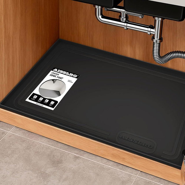 Aisslro Under Sink Mat 22" X 19", Waterproof Silicone Under Sink Mats for Kitchen, Anti-Leak Shelf Liner & Cabinet Protector with Raised Edge, [BPA Free] Bathroom Tray Home Organizer, Black