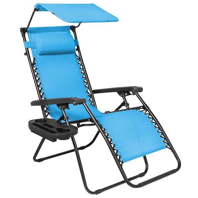 Best Choice Products Folding Zero Gravity Outdoor Recliner Patio Lounge Chair w/Adjustable Canopy Shade, Headrest, Side Accessory Tray, Textilene Mesh - Light Blue