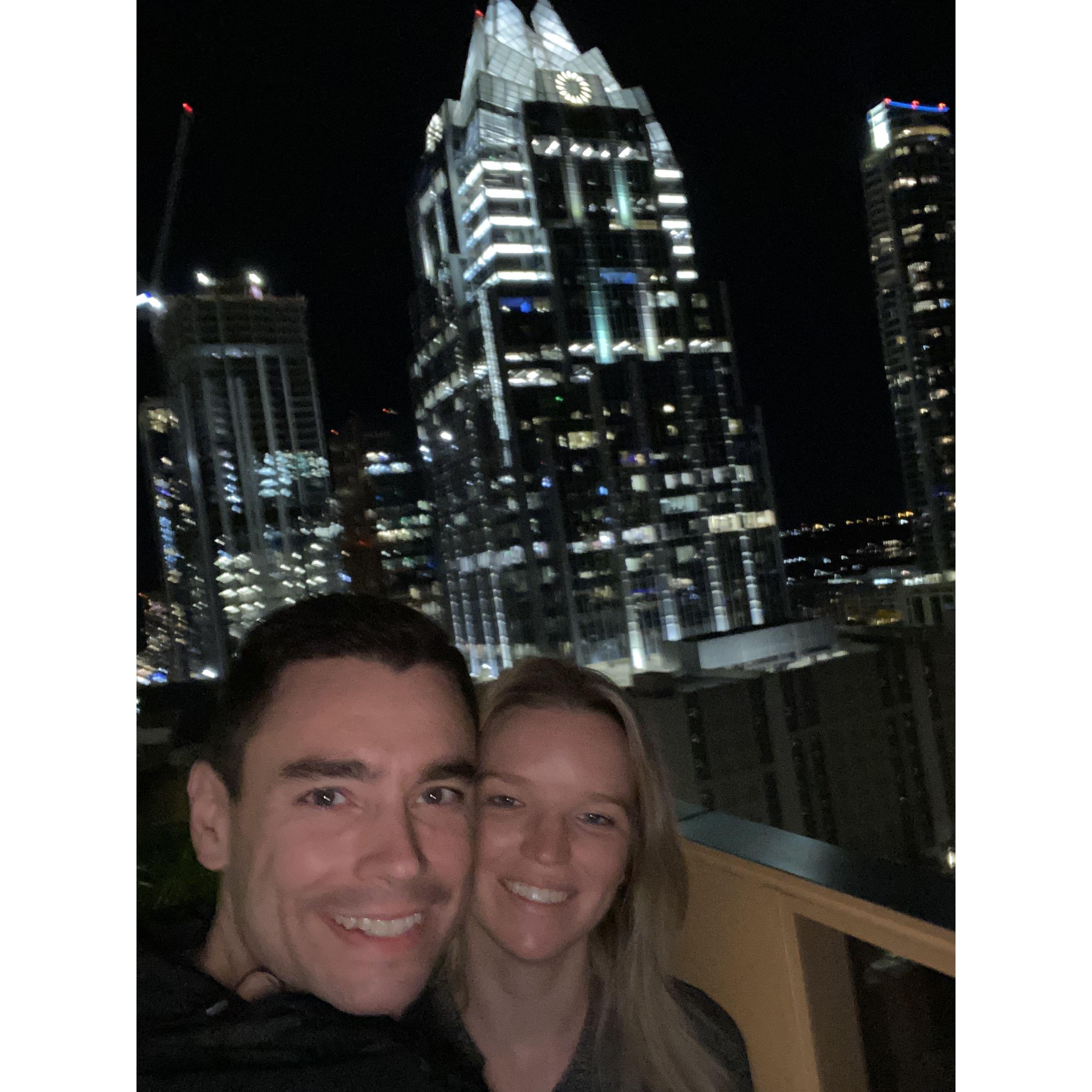 We enjoy grilling together at Jason's rooftop patio in downtown Austin
